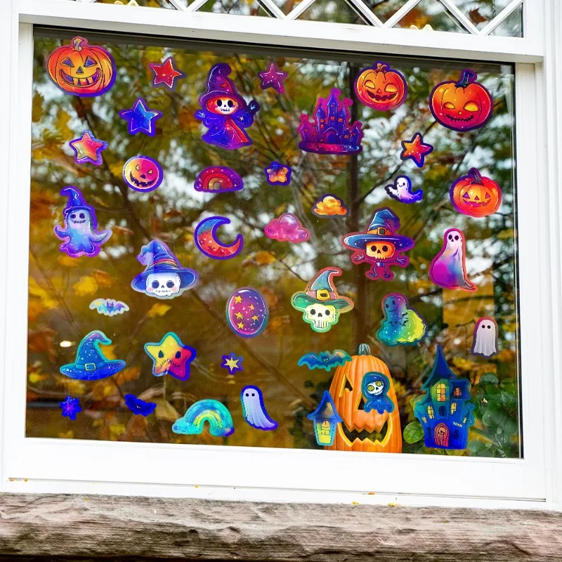 Halloween Pumpkin Window Stickers Cartoon Candy Static Sticker Black Cat Ghost Festival Happy Halloween Day