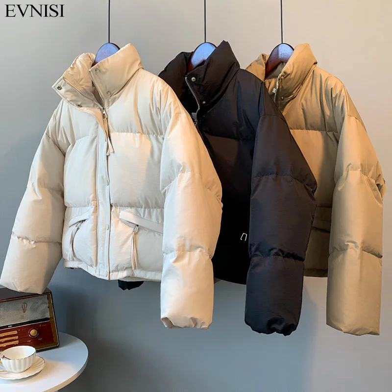 EVNISI Casual Women Loose Thicken Jacket Button Up Solid Warm Bread Clothing For Women Puffer Jackets Autumn Cardigan Coat 2023