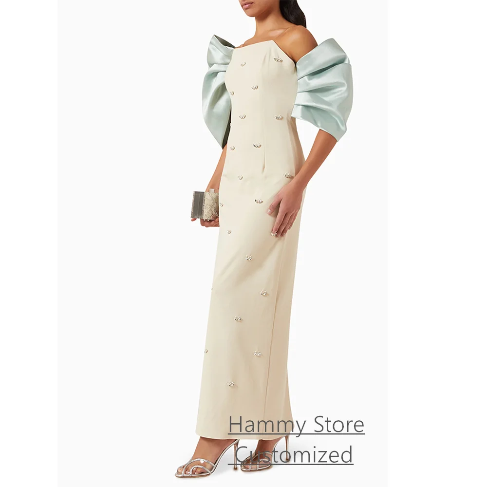 فستان سهرة كوكتيل عربي مخصص قبالة الكتف مطوي أحجار اللؤلؤ طول الكاحل فستان حفلات الزفاف فساتين الحفلات