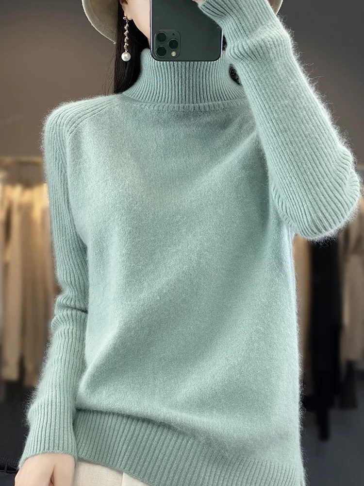 Pull à Col Roulé et Manches sulfen Cachemire de Vison pour Femme, Tricot Doux, Chaud et Confortable, Collection Printemps-Automne 100%