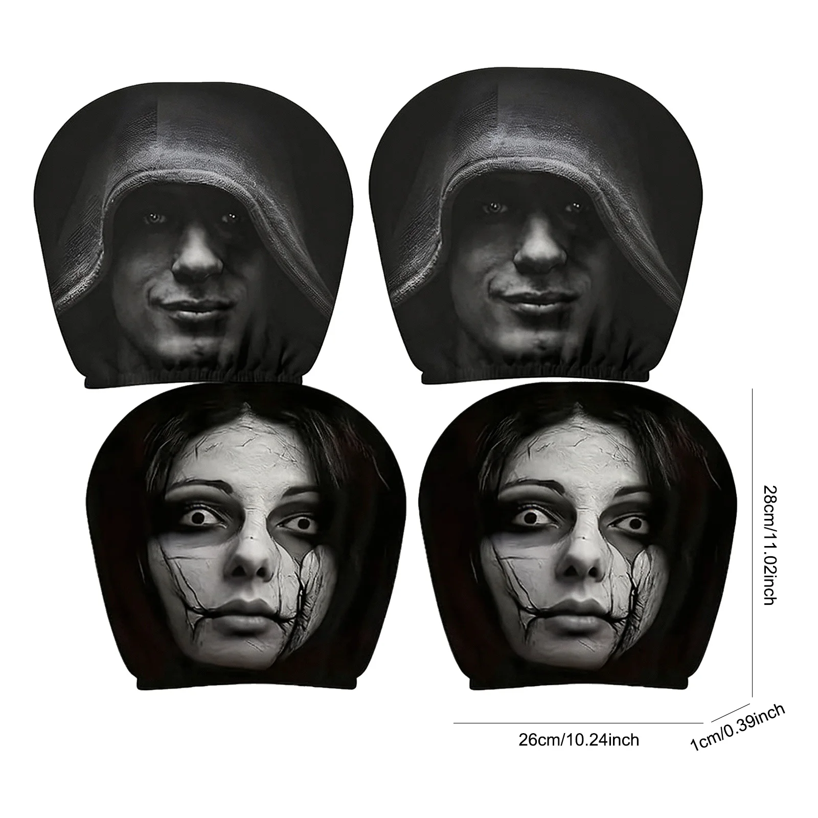 Horror Ghost Face Car Headrest Covers Set of 4, Washable Elastic Fabric, Universal Fit, Spooky Halloween Car Accessories