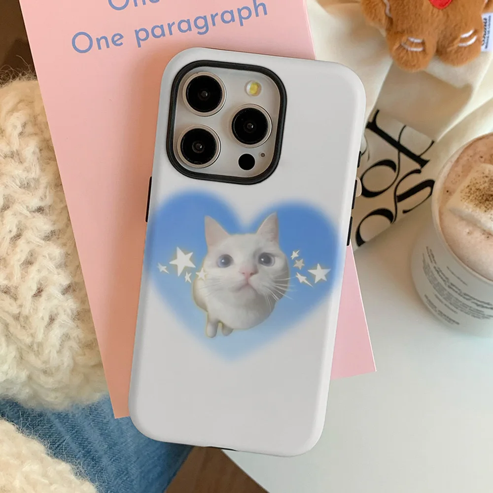 INS Blue Love Star Cat Cartoon Case for IPhone 16 15 PLUS 14 13 Pro Max 12 13 MINI 11 Pro XR XS MAX Shockproof Ultra Thin Cover