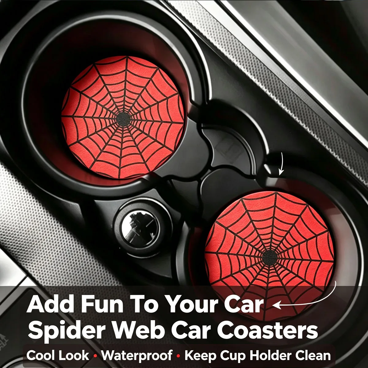 Red Spider Web Car Coasters, Cool Gothic Car Cup Holder Inserts, Waterproof Non‑Slip Auto Interior Accessories for Most Cars