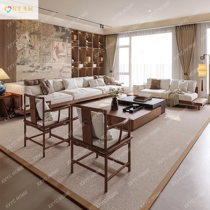 Aesthetic solid wood straight row technology fabric sofa set new Chinese zen living room home