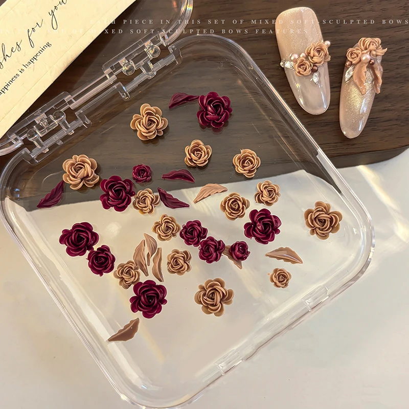 50Pcs Nail Art Rhinestones Decorations Manicure Kawaii Charms 3D Mix Sizes Beautiful Blossoming Rose Flowers Leaf Resin Adhesive