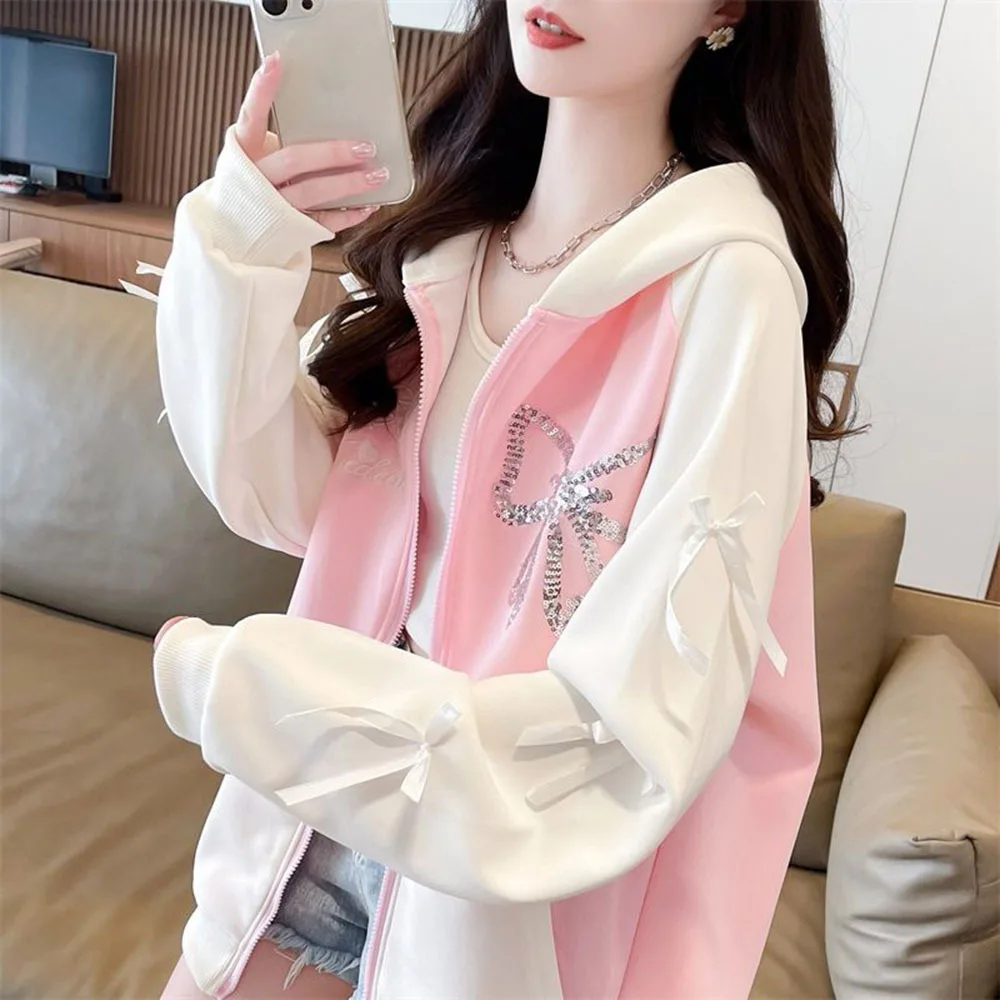 

2024 Autumn Winter College Style Sweatshirt Women's Sweet Pink Bow Hooded Cardigan Ladies Loose Long Sleee Oversize Hoodie Coats