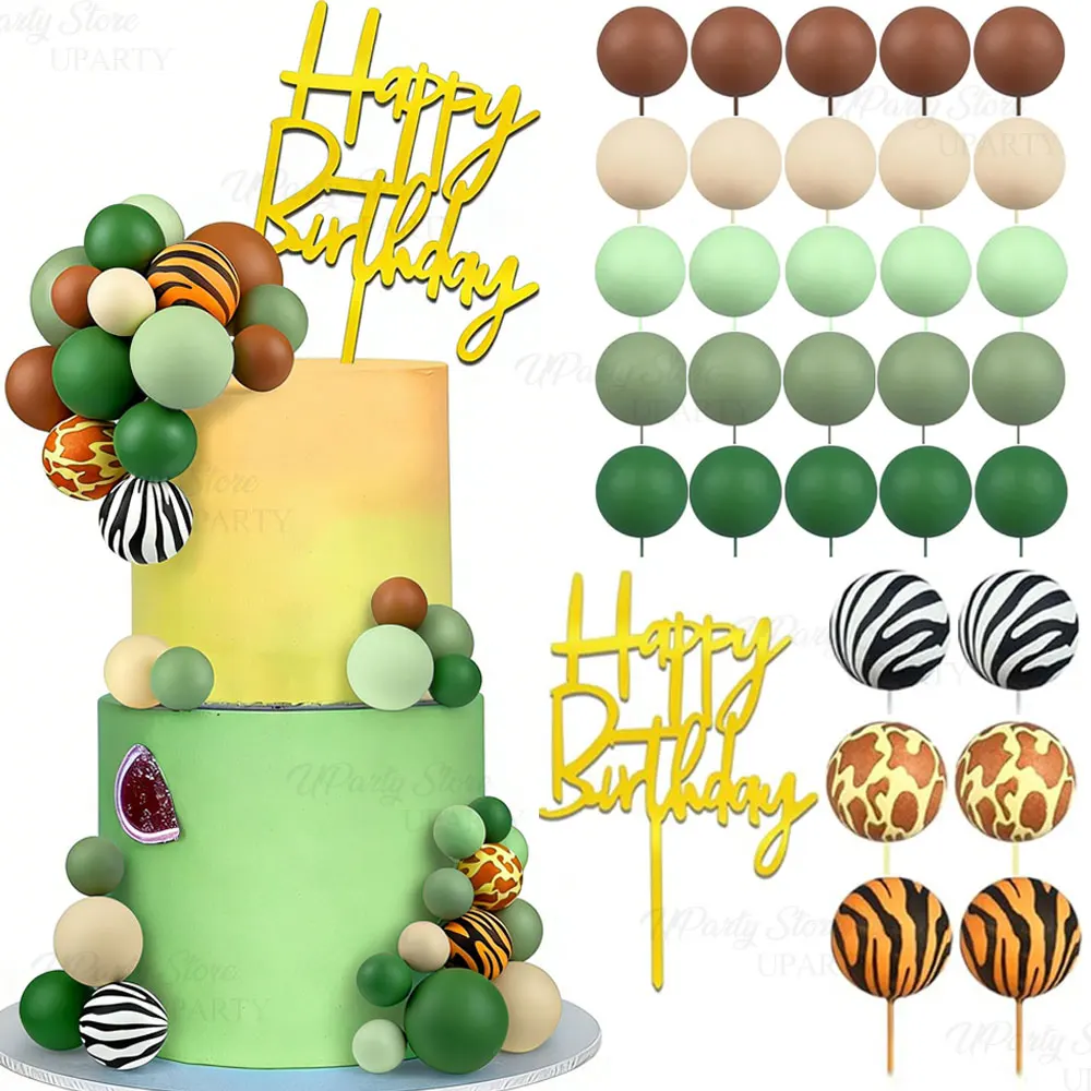 33pcs Jungle Safari Animal Cake Toppers Brown Beige Green Balls Acrylic Happy Birthday Cake Topper for Birthday Cake Decorations