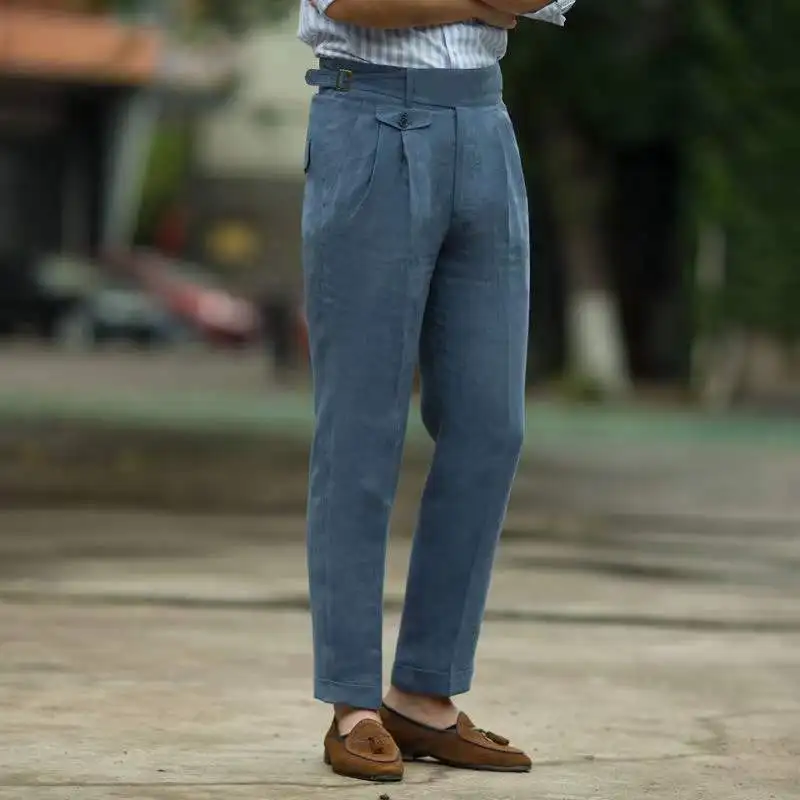 Man Pants Cotton Linen Beige Blue Summer Breathable Linen Trousers for Men Vintage Straight Adjustable Buckle Belt Trousers 2022