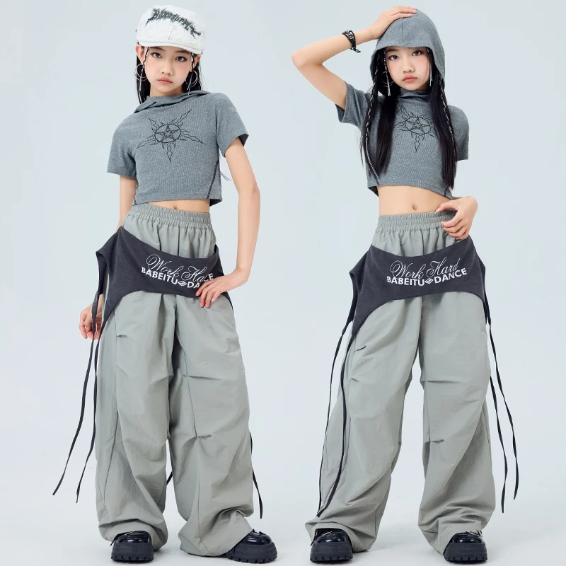 

Jazz Kpop Dance Girls Clothing Gray Crop Top Summer Hoodie Shuffle Pants Model Runways Trendy Suit Street Dance Costumes AMY2016