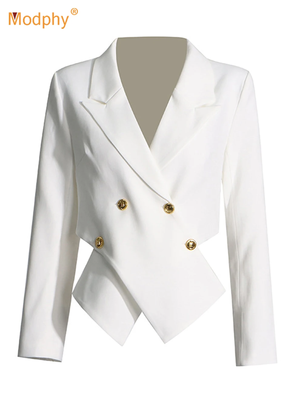 

Modphy Elegant Long Sleeved Double Breasted Asymmetrical Blazer 2024 New Cross Access Design White Suit Jacket For Women