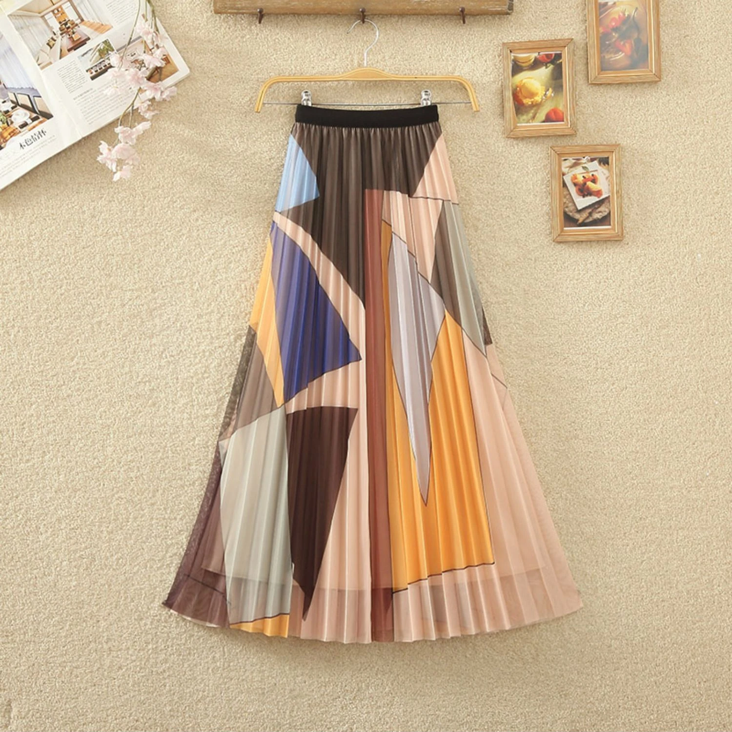 2023 New Spring Summer Women High Waist Slim Long Skirt Korean Style Fashion Mixed Color Geometric Print Mesh Pleated Skirt