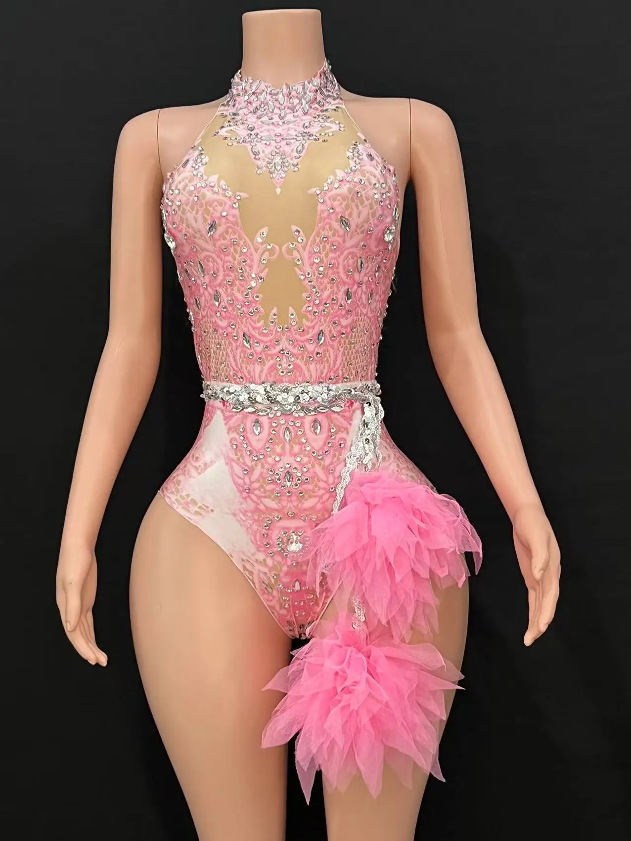 مجموعة أزياء بار دي إس النسائية الكورية للنوادي الليلية الماسية الوردية الملتصقة جوجو المثير للرقص الساخن التفاعلي Kpop