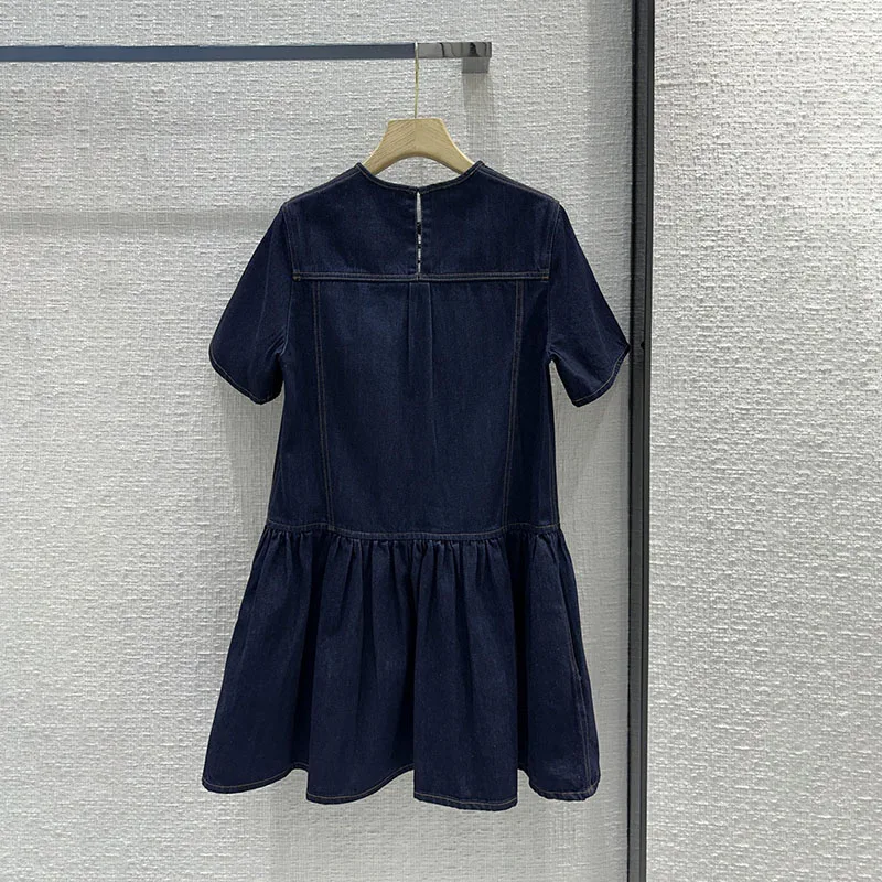 Skirt spring and summer simple tie round neck short sleeve denim mini short dresses2024temperament chic and elegant woman dress