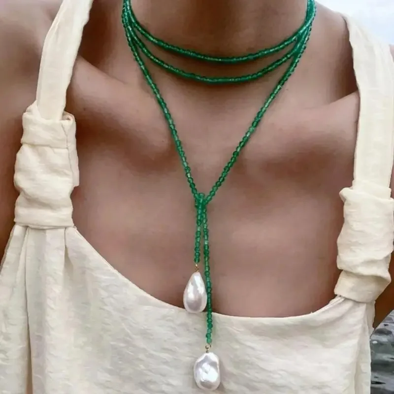 Retro Alien Irregular Baroque Pearl Pendant Necklace for Women Vintage Green Black Crystal Bead Long Necklace Neck Chain Jewelry image 3