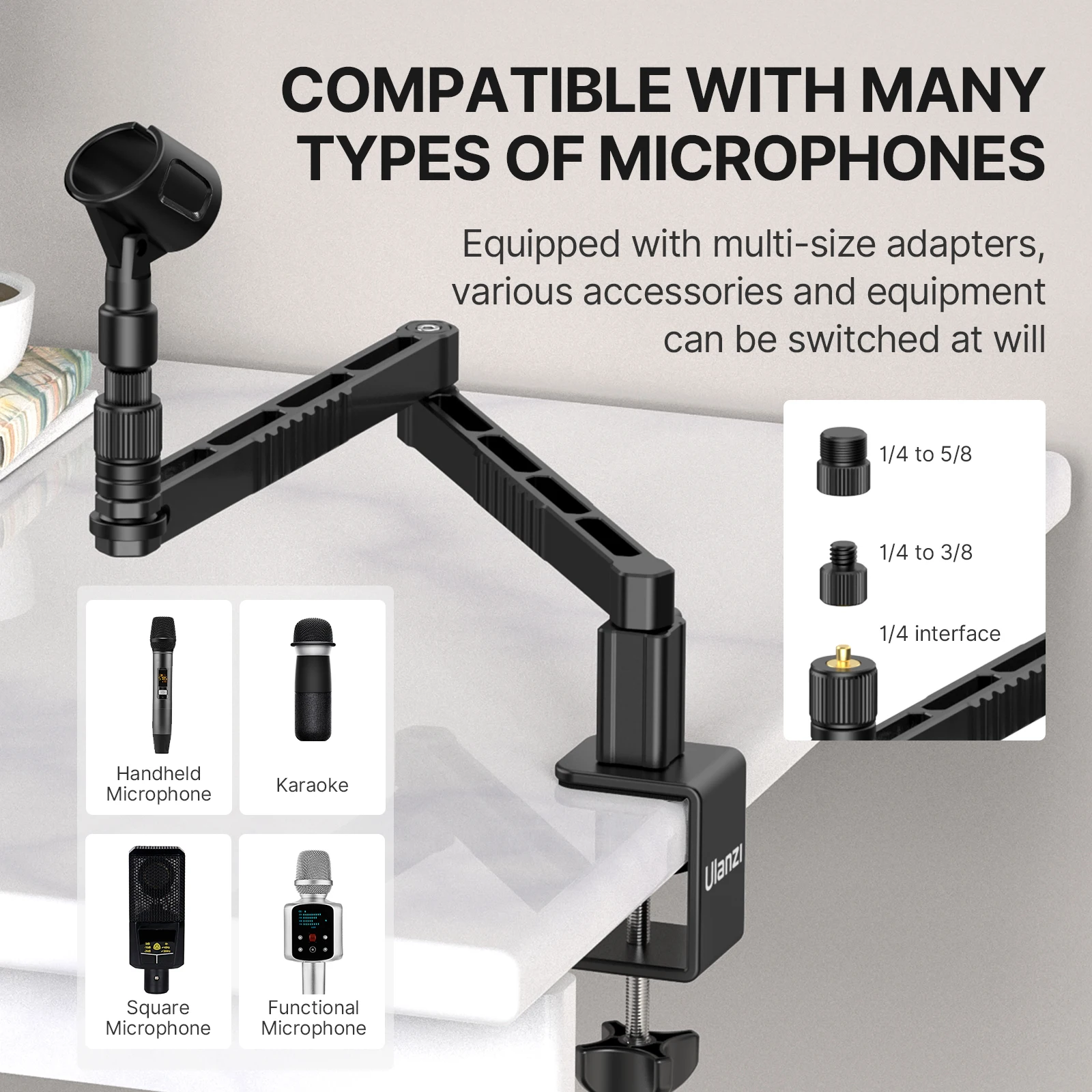 ULANZI LS26 Low Profile Microphone Arm with Cable Channels Desk Clamp 360° Rotatable Foldable for Streaming Recording 2991