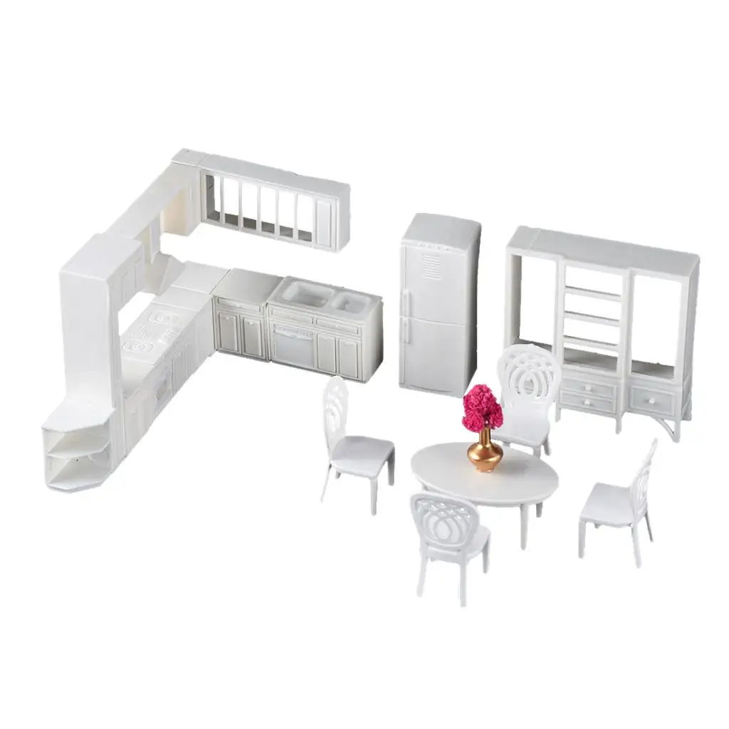 Dollhouse Kitchen Furniture Set Modern White Miniature Dining Room Plastic Accessories for Sand Table Building 1 25 Scale