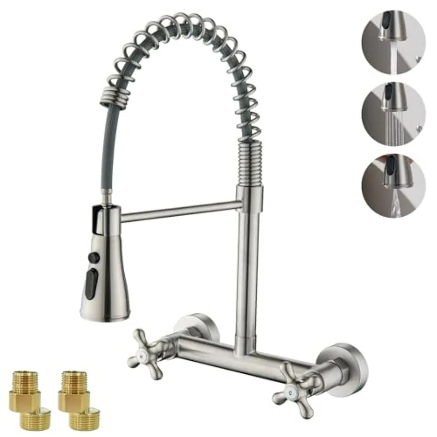 

Настенный кухонный смеситель 8 дюймов (между отверстиями) из матового никеля с 3-функциональным распылителем для современной кухни