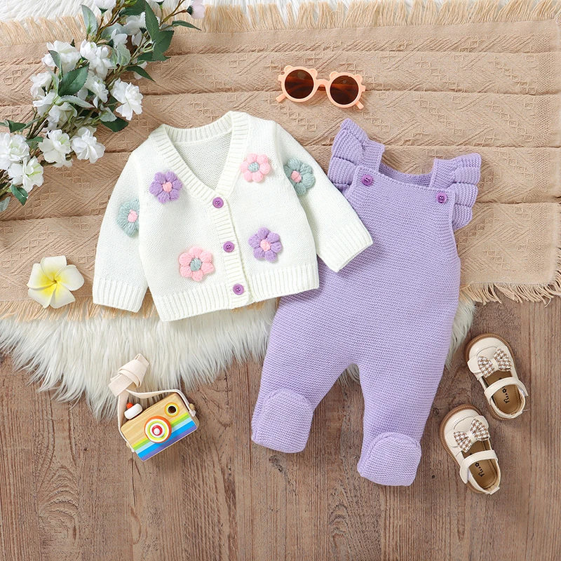 Toddler Baby Girls Clothes Spring Autumn Infant Long Sleeves Sweaters Cardigans+Rompers Outfits Sets 2pcs Children Knit Costumes