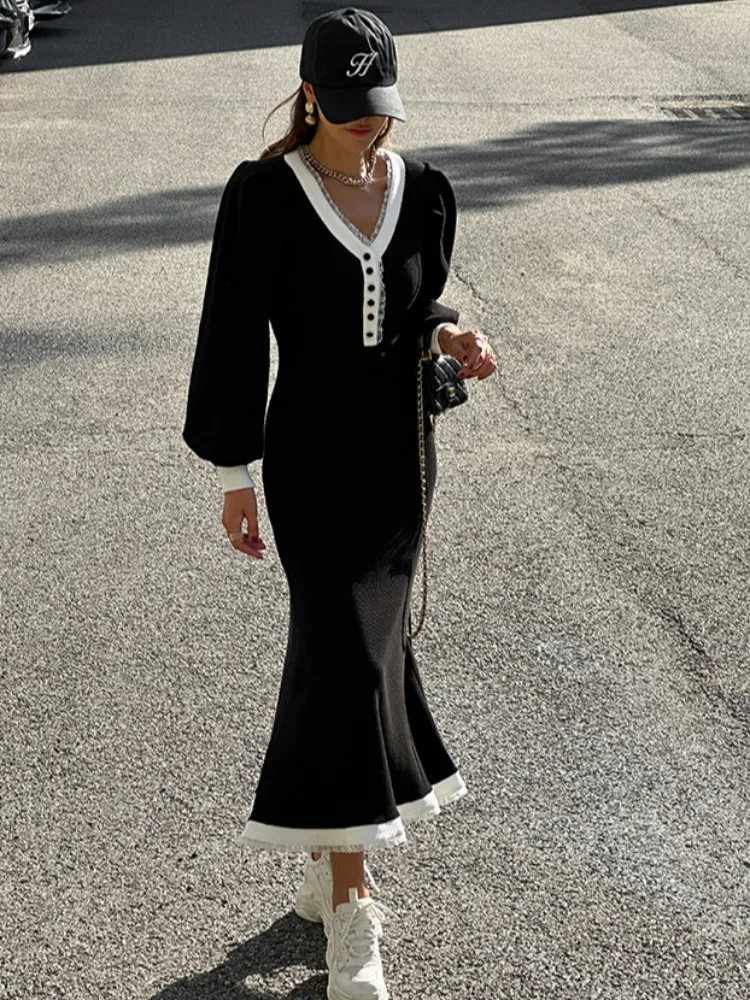 

Для похудения V-Ne Splice Кружевное трикотажное платье Женское цветное платье Faion Long Dr Осеннее новое платье для поездок на работу Sle Long Sve