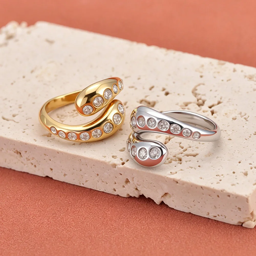 JeeMango Stainless Steel Vintage Double Row Zircon Ring Stackable Women's Ring Wedding Party Jewelry Accessories Gift R26031