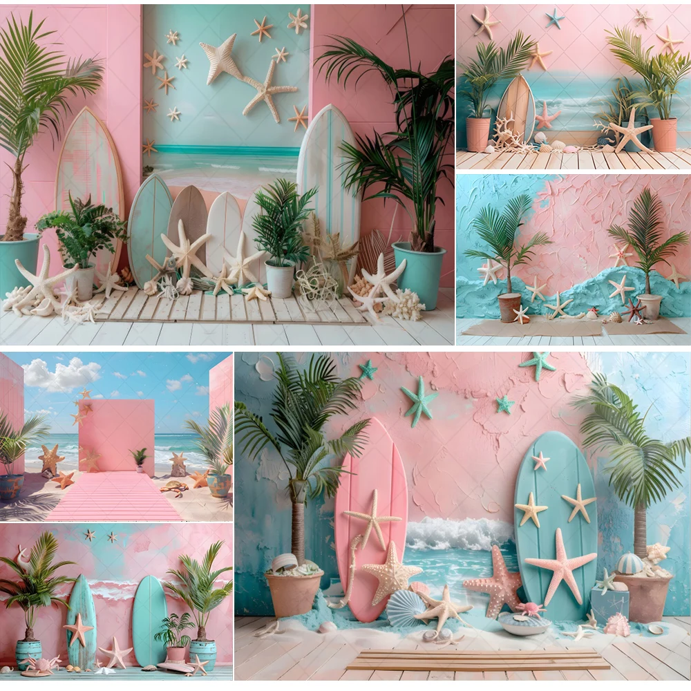 Fondo de fotografía de playa de verano hawaiano rosa océano Tropical playa tabla de surf niños cumpleaños vacaciones fiesta foto fondo