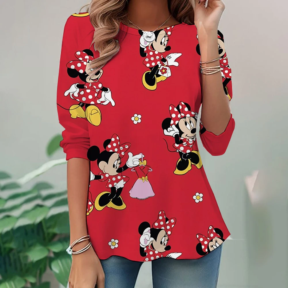 Christmas women's long sleeved T-shirt cartoon Disney Mickey Mouse round neck dress autumn and winter casual loose women'