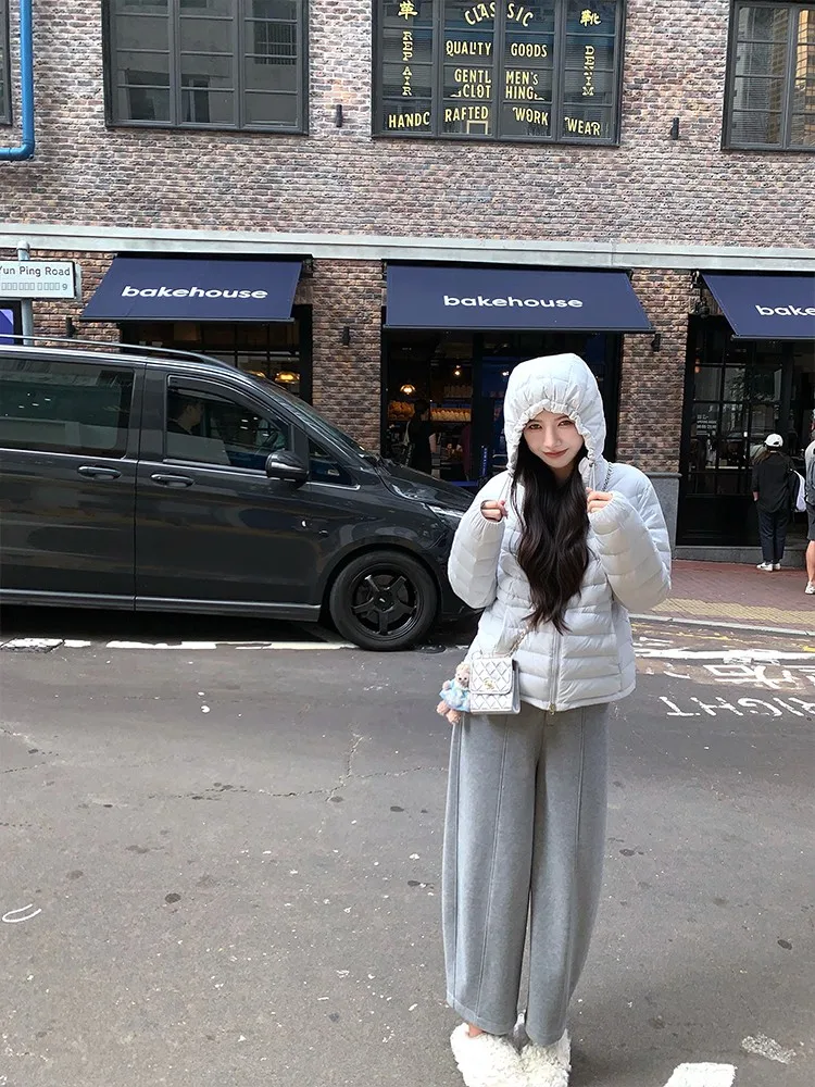 

Fiing Little Flat Ribcage down Jaet Lightweight Warm 90 White Du down Hooded Coat Thin Winter Outerwear Zipper Closure