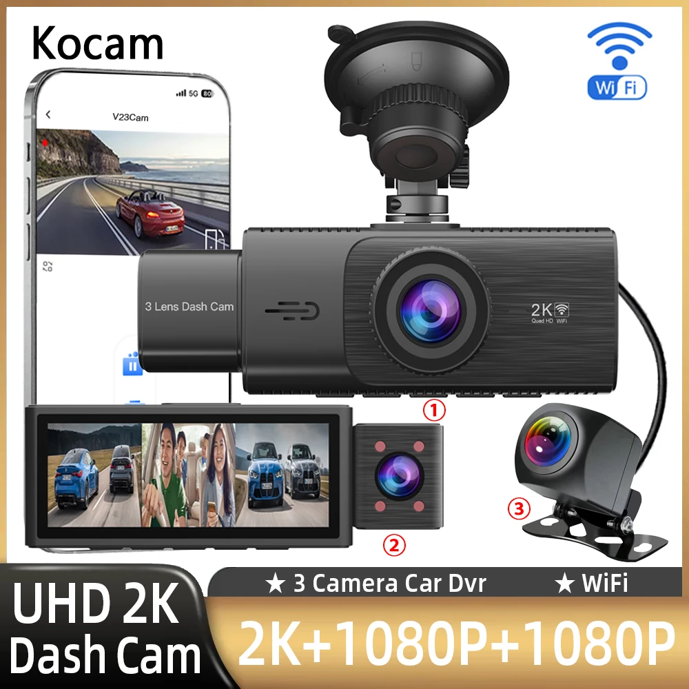 3 Channel Dash Cam Front Inside Rear Three Way Car Dash Camera 2K+1080P Dual Channel With WiFi Night Vision DVR Video Recorder