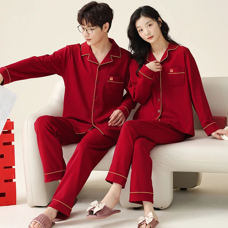 Autumn Couple Pajamas Set Cotton Loose Pyjamas Women Men Long Sleeve Homewear Lovers Nightgowns Wedding Celebration Red Pajama