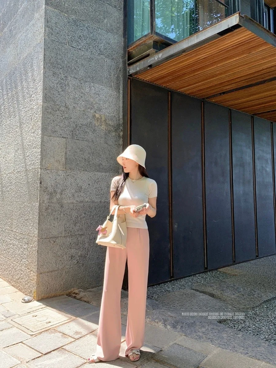 

Брюки с высокой талией, прямые, летние, тонкие, из ацетата, широкие, прохладные, универсальные, повседневные, с эффектом похудения, длинные