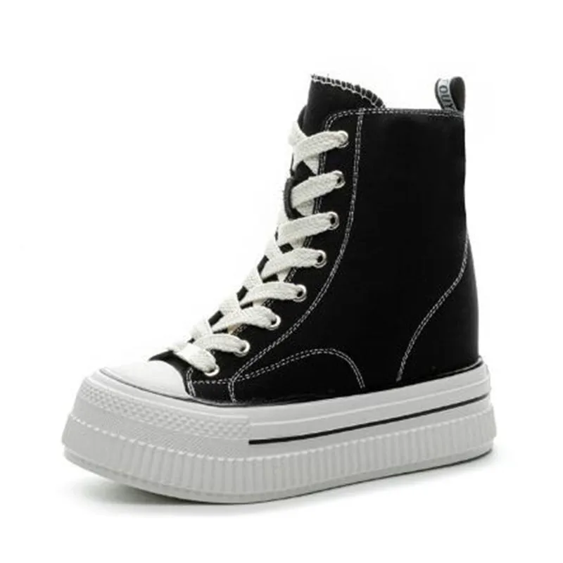 

Новинка 2026 года, женские парусиновые кроссовки на массивной подошве, повседневная обувь на платформе 13 см с высоким берцем, универсальная обувь на очень высоком каблуке со встроенным увеличением высоты