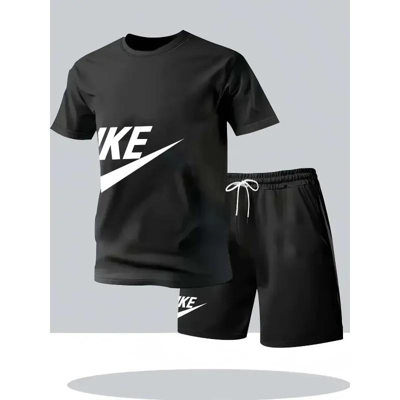 

Summer fashion street short sleeved sports suit men's sports shirt set men's round neck short sleeved shorts sports suit 2-piece