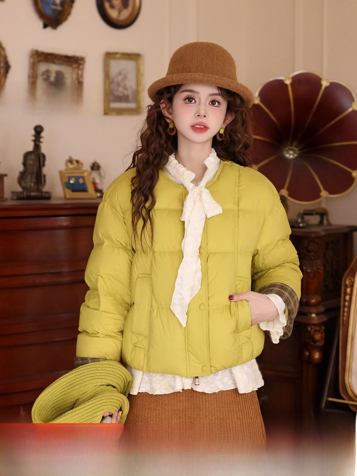 

Chen Jiajie【Wasabi S】2026 Thiened Warm Versatile Women's down Jaet Retro Sle Long Sve High Waist ort Coat