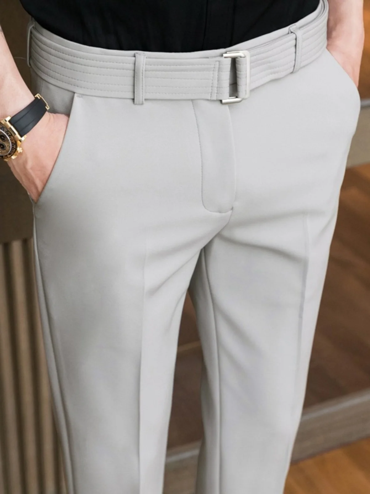 

Faionable Summer Men's Ice Silk Nine-Piece Pants Slim Fit Suit Trousers with Belt Casual Urban Sle Busin Casual