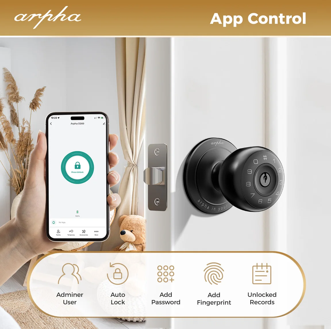 Arpha Smart Lock D260 Smart Fingerprint Door Knob with App Control Keyless Entry Door Lock with Keypad Anti-Peeping Password