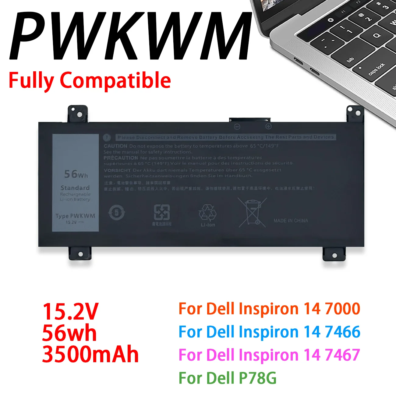 Batería para Portátil P78G PWKWM para Dell Yueyou Box 7000 14 7466 7467 PWKWM P78G Inspiron 14 7000 Inspiron 14 7466 Larga Duración Nueva