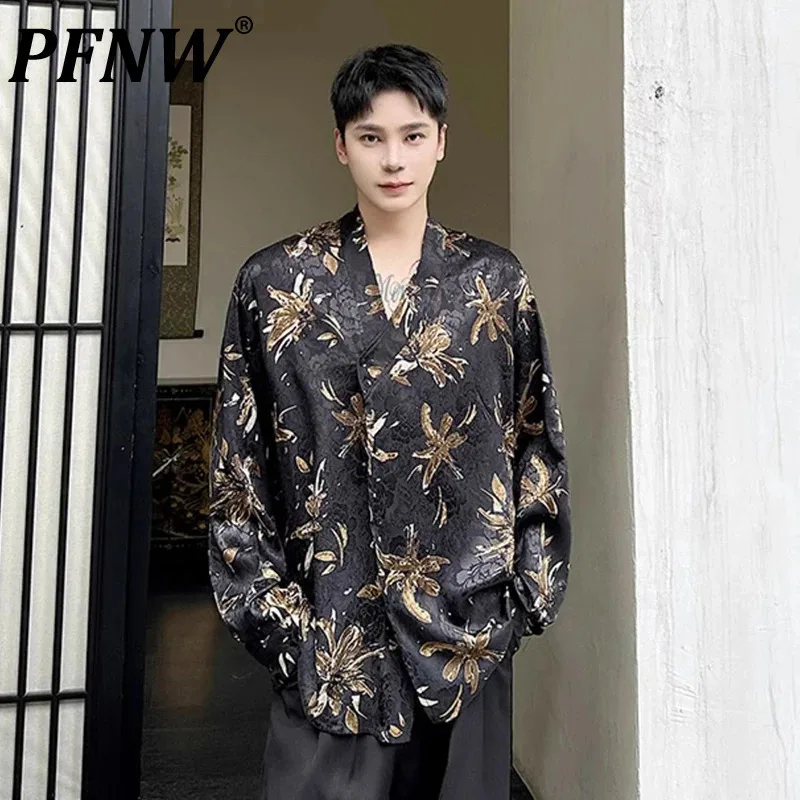 

PFNW Autumn Men's Shirts Jacquard Casual Printing Long Sleeve V-neck Single Breasted Male Top Contrast Color New Chic 9C7143