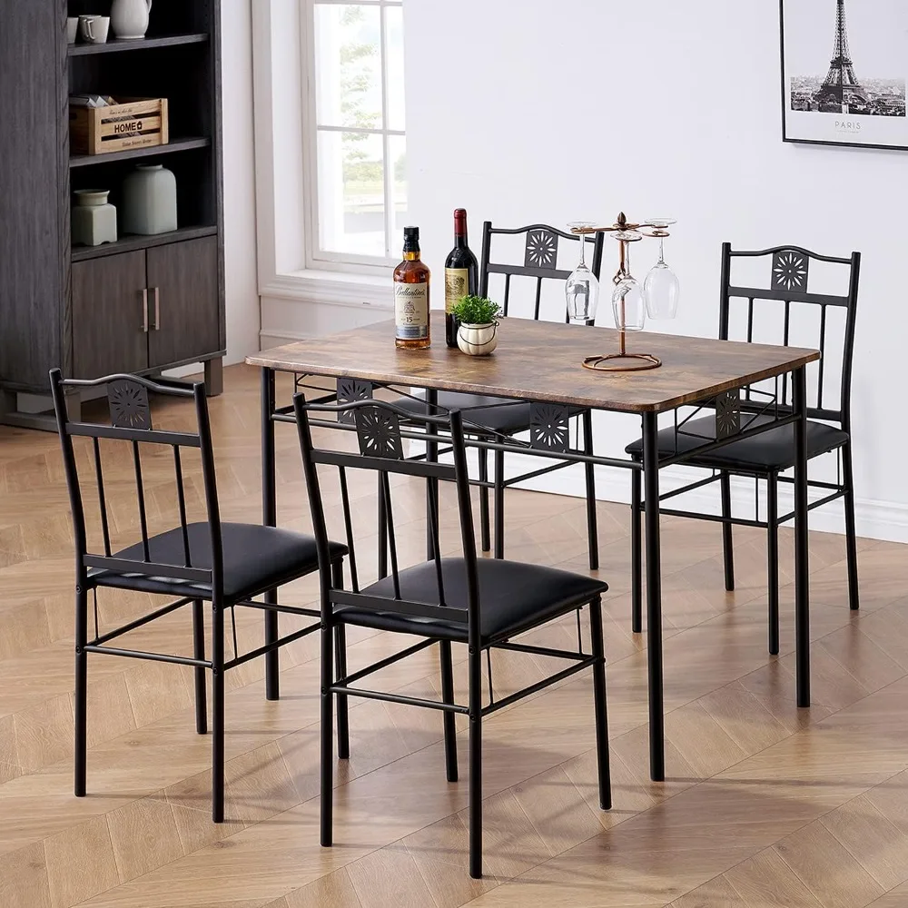 

Kitchen Dining Room Table Sets for 4, 5 Piece Metal and Wood Rectangular Breakfast Nook, Dinette with Chairs, Retro-Brown