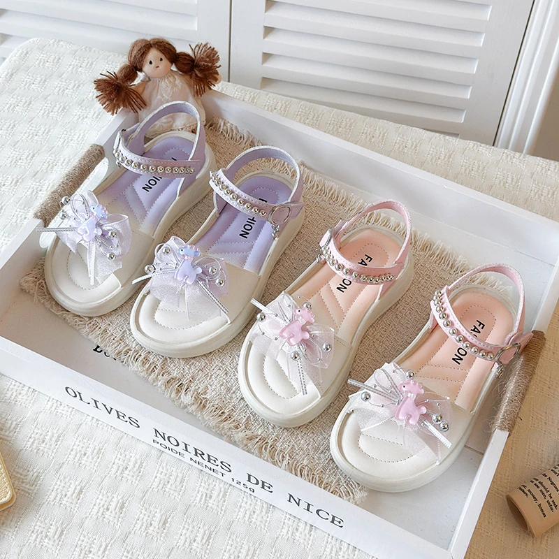 Kids Beach Shoes Sweet Lace Bows Girls Sandals Soft Bottom Versatile 2026 Summer New Children Casual Sandals Fashion Non-slip