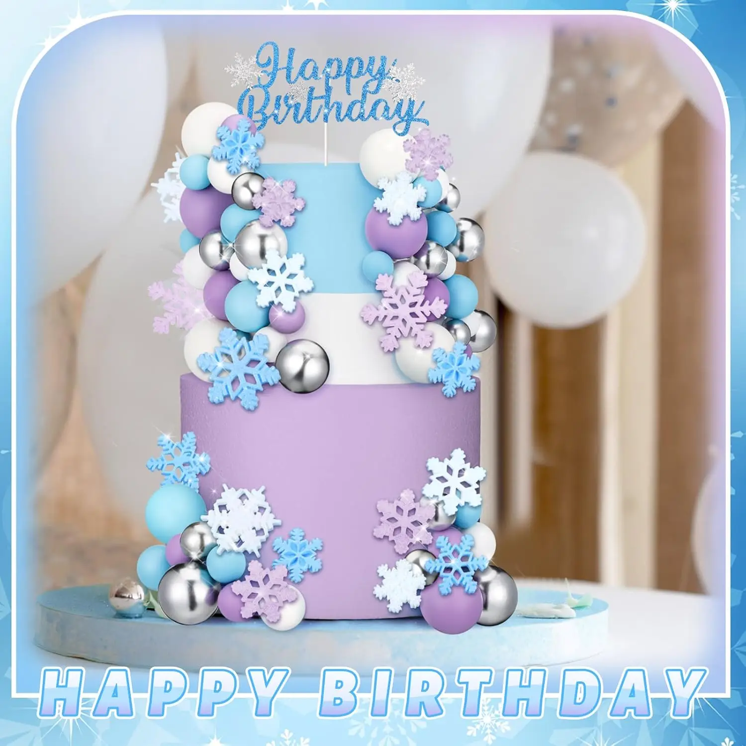 Schneeflocken-Kuchenaufsatz, alles Gute zum Geburtstag, Kuchenaufsatz, mehrfarbige Kugeln, Kuchendekorationen für Weihnachten, Neujahr, Winterparty – Detail 3