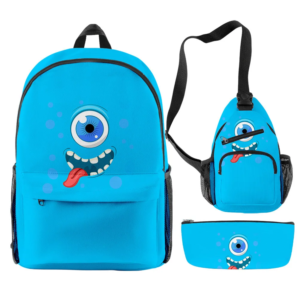 Cartoon Youthful Funny Novelty Monster Face 3pcs/Set Backpack 3D Print Bookbag Laptop Daypack Backpacks Chest Bags Pencil Case