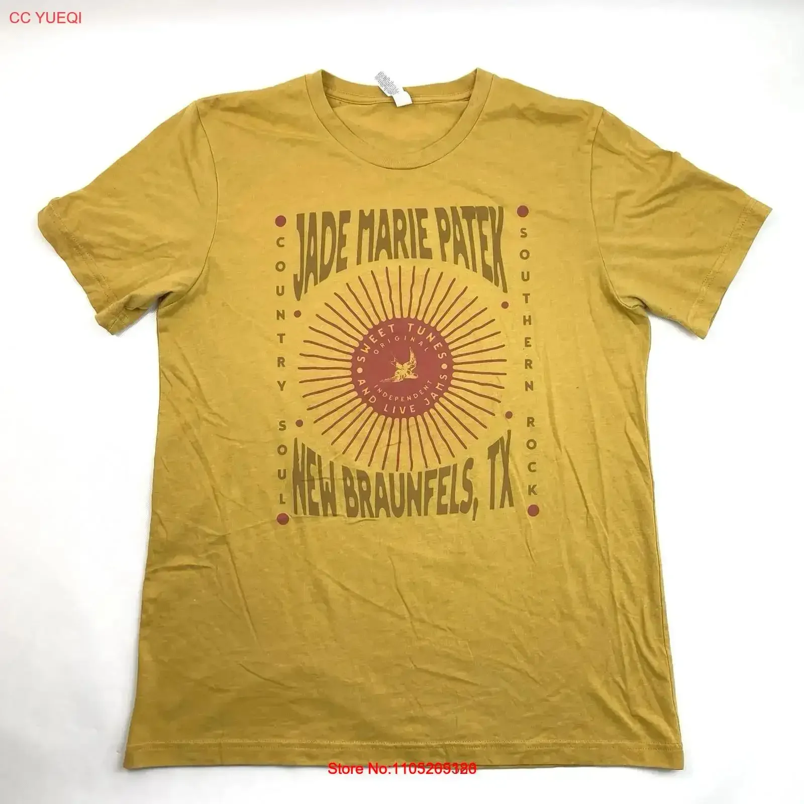 Jade Marie Patek New Braunfels TX Sweet Tunes Yellow Mustard Top T Shirt Size L vintage Washed Comfortable Versatile vintage