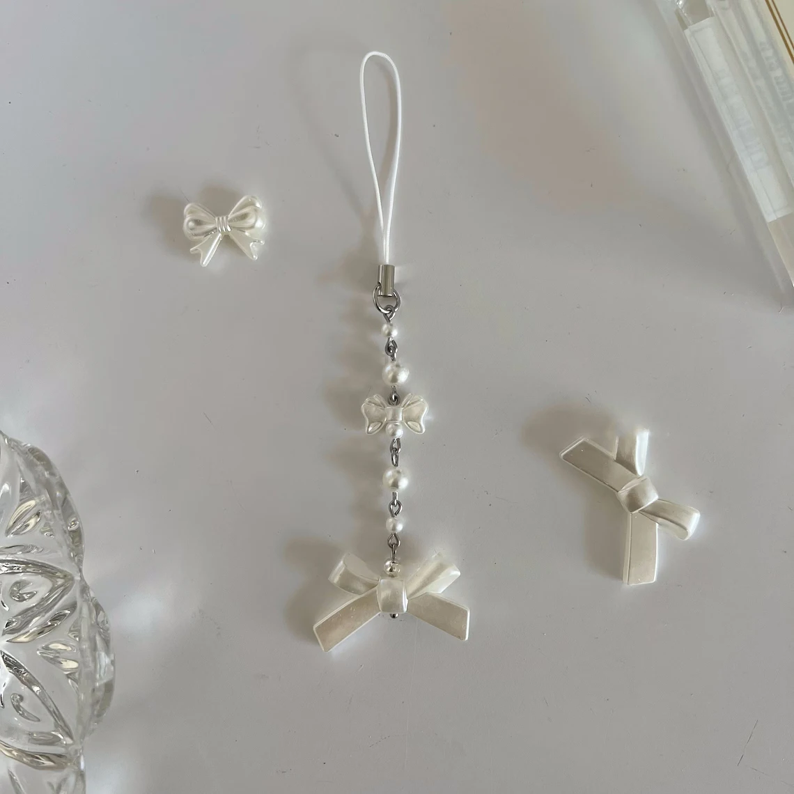 Handmade Coquette Phone Charm Pearl Dainty Bow Keychain | Simple Charms Aesthetic Gifts