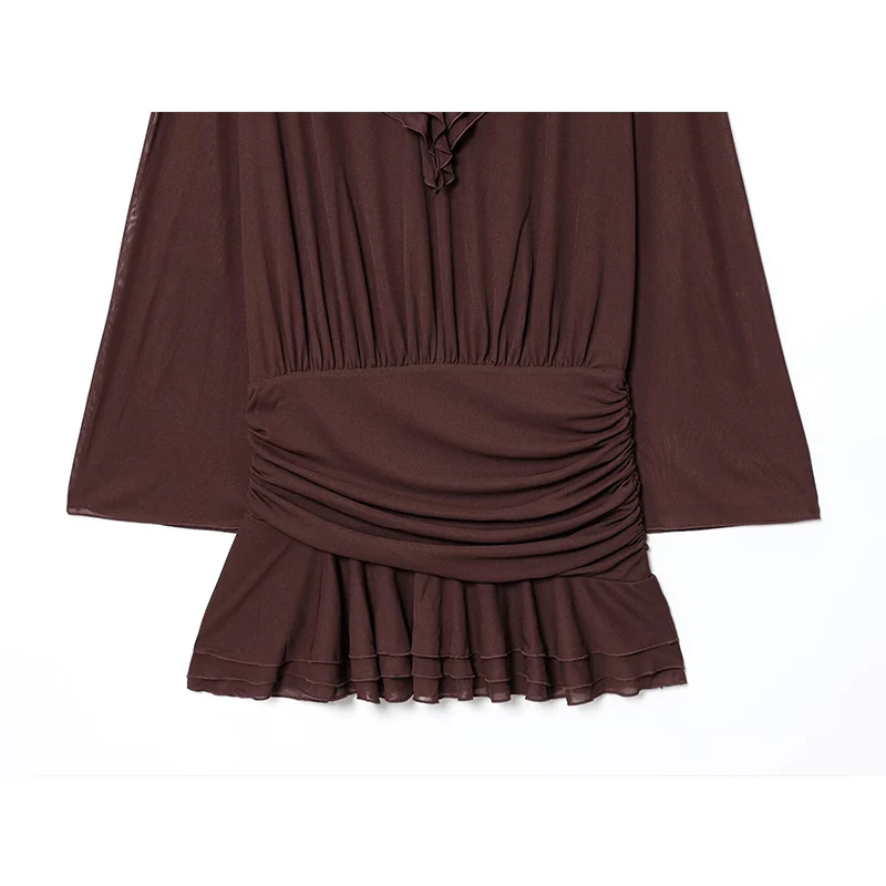 Chique Mode Ruches Herfst Jurk Geplooide Korte Jurken Voor Vrouwen 2025, Donkere V-hals Mini Jurk Vrouw Lange Mouw Casual Jurken