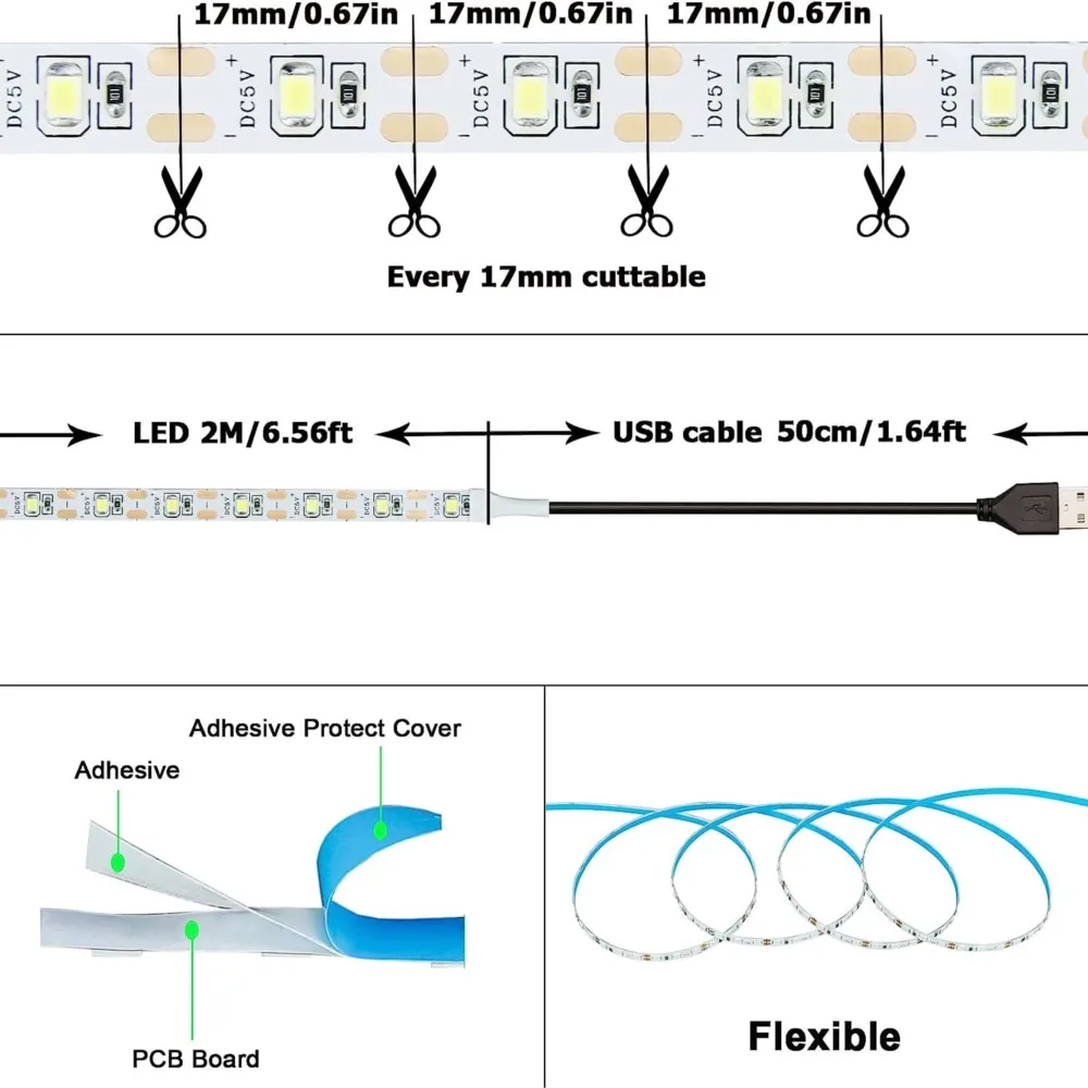 เทปไฟพื้นหลังสำหรับทีวีไฟ LED 1- 5เมตรไฟแถบไฟ LED LED แถบไฟ LED USB 2835แสงสีขาวอบอุ่น DC 5V โคมไฟการตกแต่งบ้านหลอดไฟประดับแบบสาย