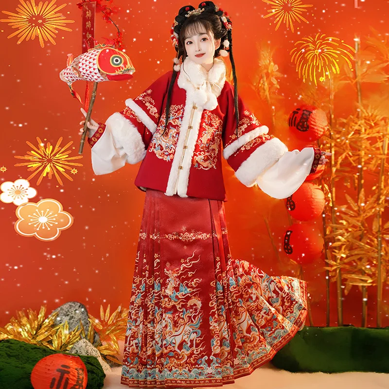

245Original Ming Dynasty Hanfu Women's Plush Thick Horse Face Skirt New Year's Worship Dress Chinese Style Daily Ancient Costume