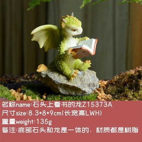 Mini Reading Dragon Statue Figurine Ornament Fairy Garden Decor for Flowerpot Bookshelf Collection