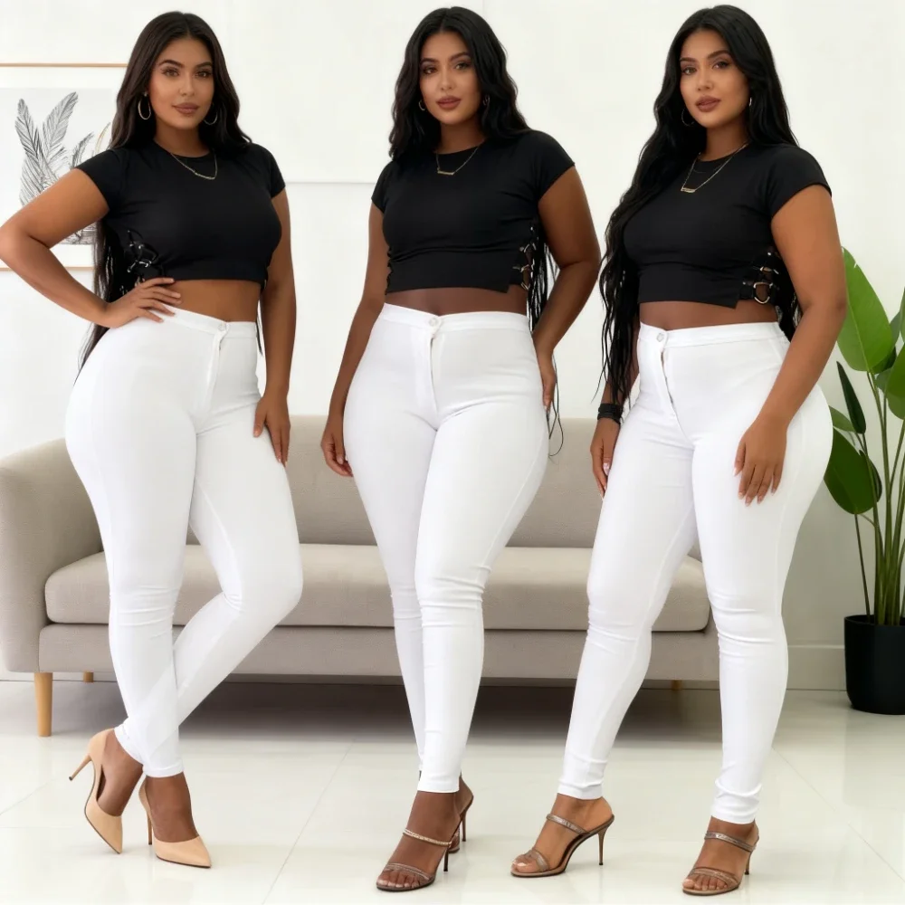 

Women Jeans Denim Pencil Pants Skinny Stretch High Waist Washed Distressed Pockets Basis Ankle Length Trousers Streetwear 2025