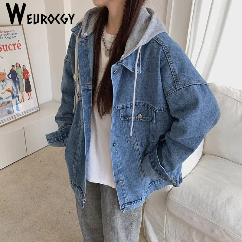 

2024 Autumn Winter Loose Hooded Women Jacket Korean Edition Jean Coat Harajuku Fake Two Items Denim Outerwear Casual Top