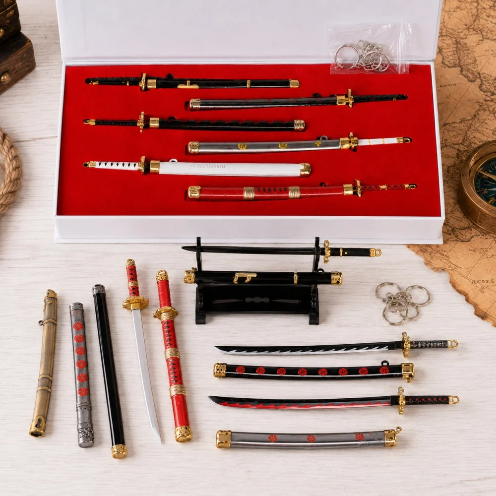 

One Piece Sword Keychain Set Toys Anime Katana Model Gift Box Zoro Cosplay Prop for Backpack Car Key Collection Gifts